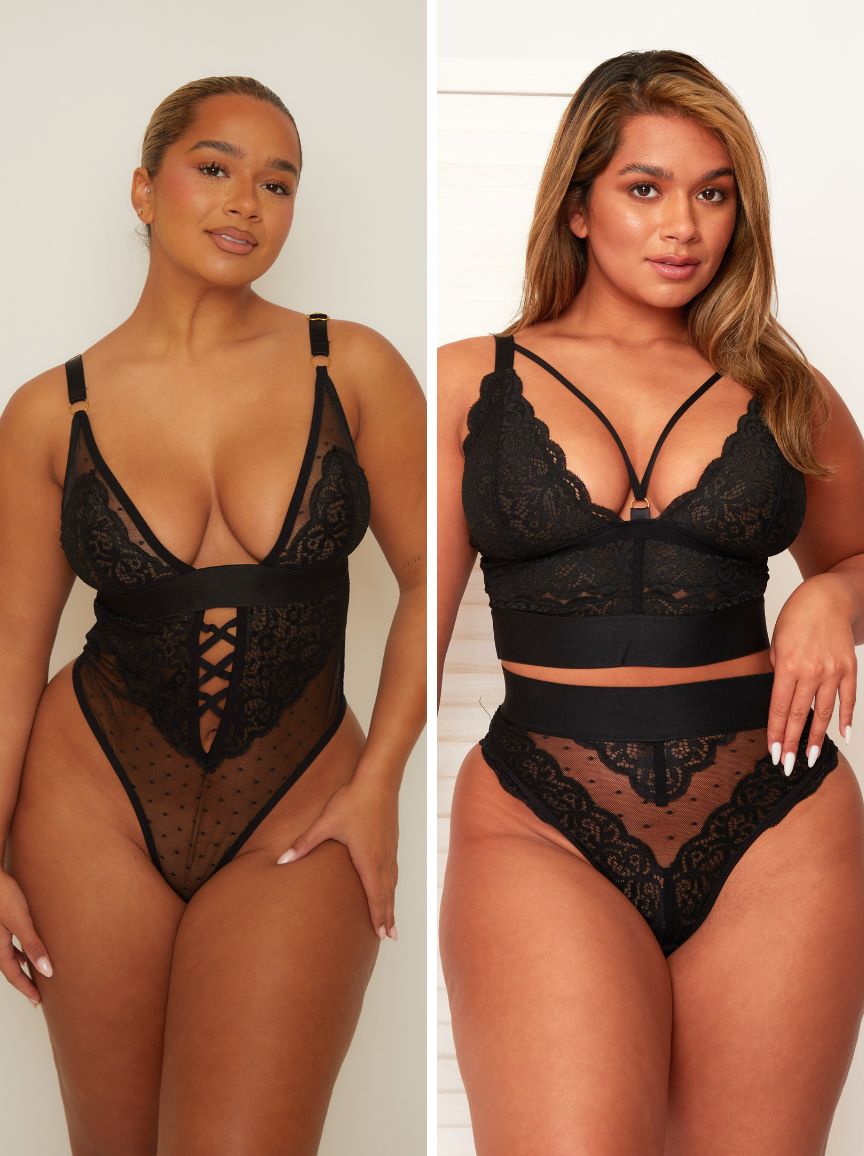 Woman wearing black lace lingerie set on a plain background