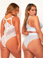 Two views of a woman wearing lace lingerie against a white background