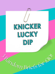 Promotional graphic for 'Knickers Lucky Dip' with colorful background and text.