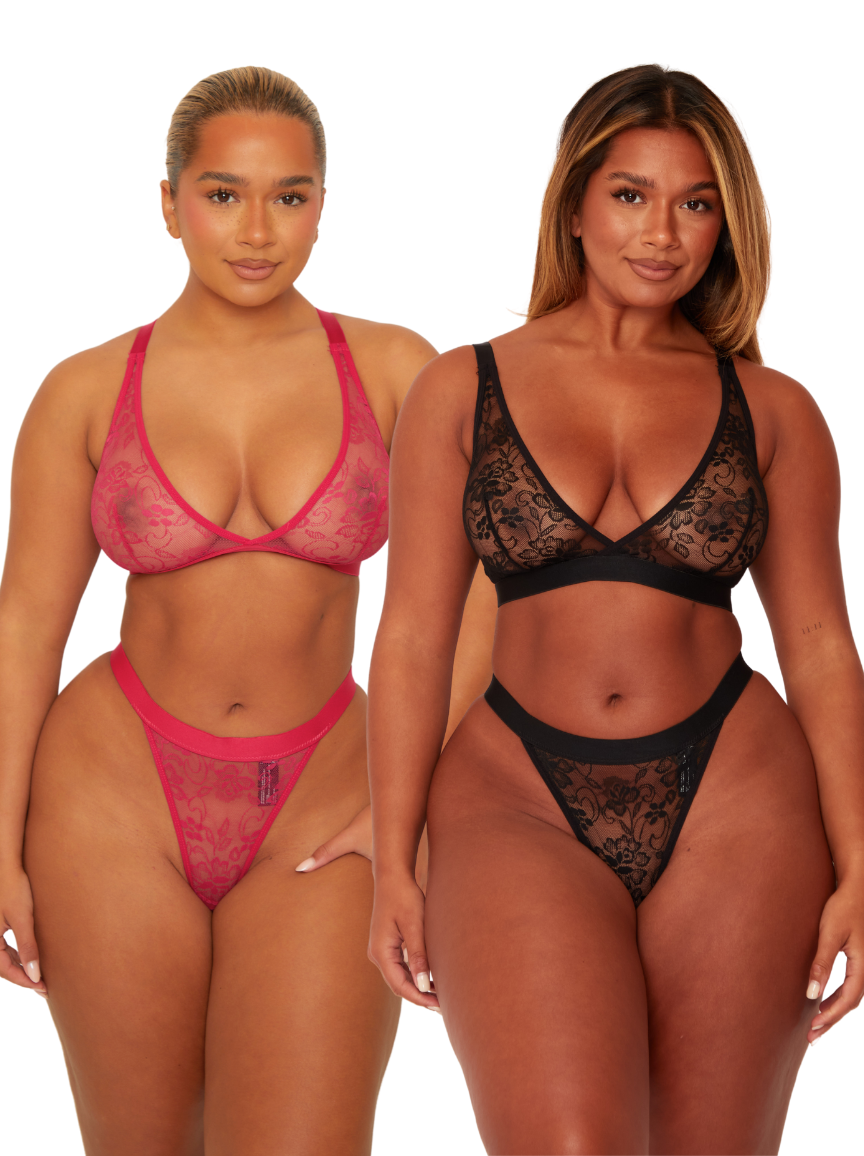 Zestaw biustonoszy trójkątnych Millie-Mae Twin Pack z stringami: czarny i bardzo wiśniowy