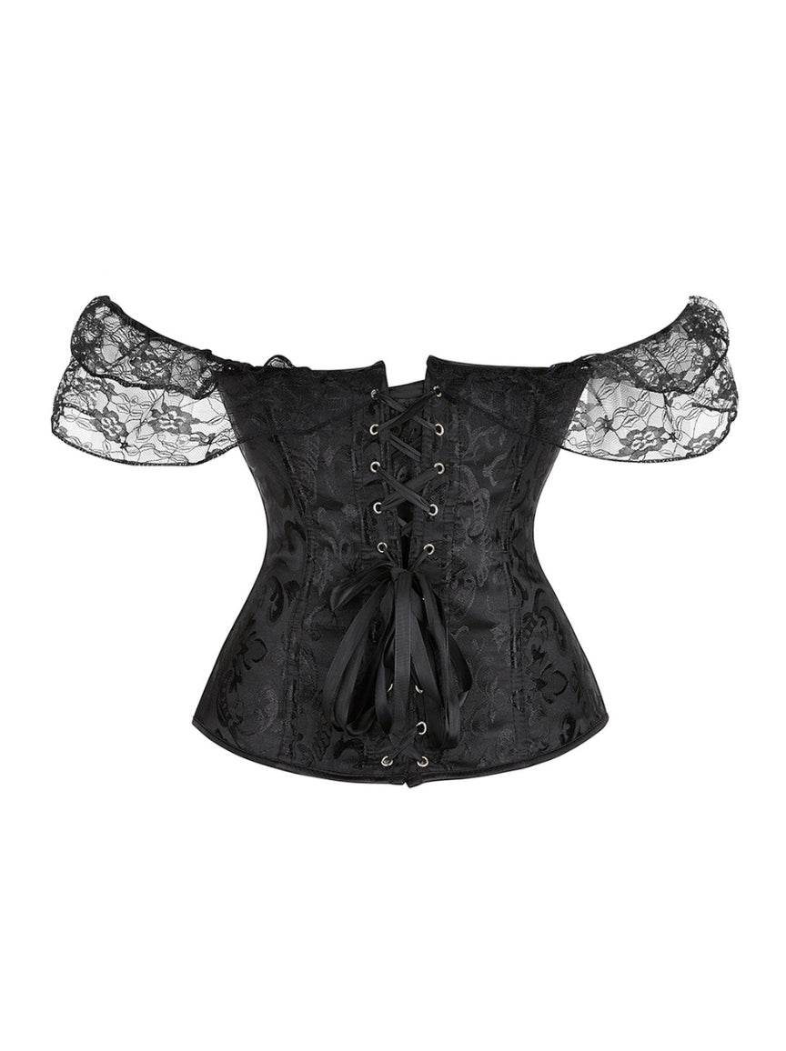 Black corset with lace sleeves on a white background