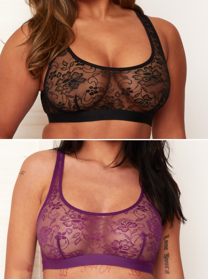 Millie-Mae Twin Pack Crop Bralettes: Black &amp; Velvet Purple