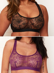 Millie-Mae Twin Pack Crop Bralettes: Black &amp; Velvet Purple